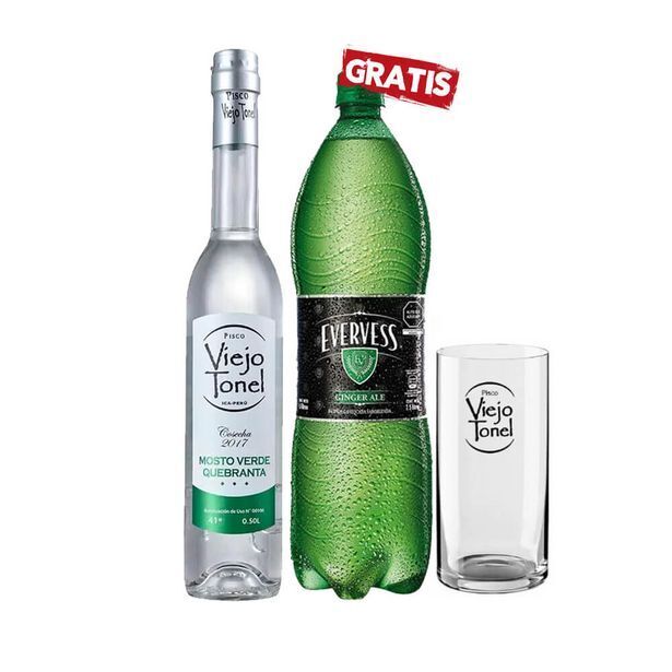 Sumon Licores Pisco viejo tonel mosto verde 500ml + evervess 1.5lt + vaso oferta