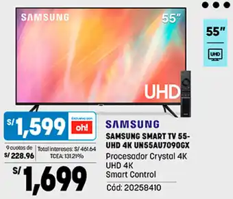 Plaza Vea SAMSUNG SMART TV 55-UHD 4K UN55AU7090GX Procesador Crystal 4K UHD 4K Smart Control oferta