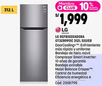 Plaza Vea LG REFRIGERADORA GT32BPPDC 312L SILVER oferta