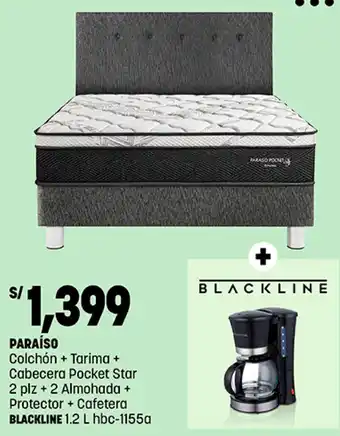 Plaza Vea PARAÍSO Colchón + Tarima + Cabecera Pocket Star 2 plz + 2 Almohada + Protector + Cafetera BLACKLINE 1.2 L hbc-1155a oferta