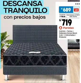 Plaza Vea Paraíso. Colchón + Tarima + Cabecera Consul Black 2 plz + 2 Almohadas + Protector oferta