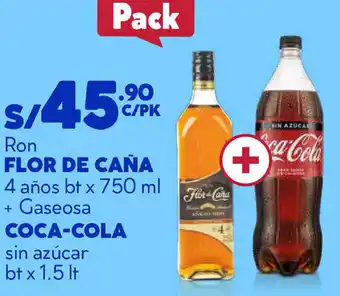 Plaza Vea Ron FLOR DE CAÑA 4 años bt x 750 ml + Gaseosa COCA-COLA sin azúcar btx 1.5 lt oferta