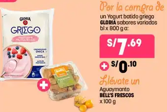 Plaza Vea Yogurt batido griego GLORIA sabores variados blx 800 g + Aguaymanto BELL'S FRESCOS x 100 g oferta