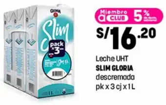Plaza Vea Leche UHT SLIM GLORIA descremada pkx3cjx1L oferta