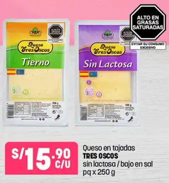 Plaza Vea Queso en tajadas TRES OSCOS sin lactosa /bajo en sal pqx 250 g oferta