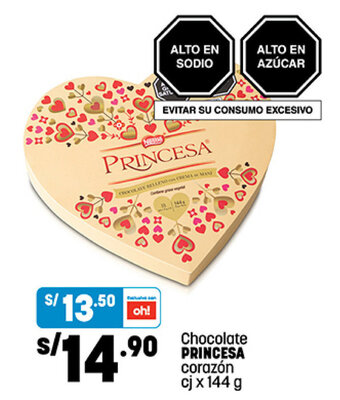 Plaza Vea Chocolate PRINCESA corazón cj x 144 g oferta