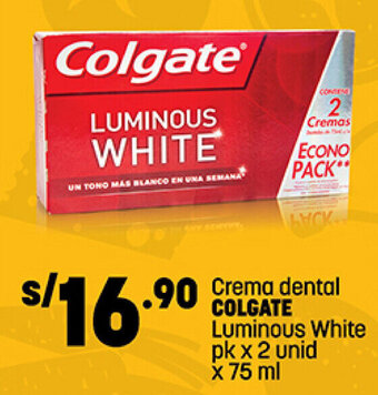 Plaza Vea Crema dental COLGATE Luminous White pk x 2 unid x 75 ml oferta