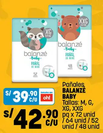 Plaza Vea Pañales, BALANZE BABY Tallas: M, G, XG, XXG pg x 72 unid / 64 unid / 52 unid / 48 unid oferta