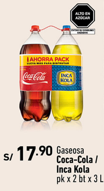Plaza Vea Gaseosa Coca-Cola / Inca Kola pk x 2 bt x 3 L oferta