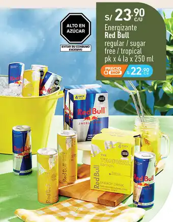 Plaza Vea Energizante Red Bull regular / sugar free / tropical pk x 4 la x 250 ml oferta