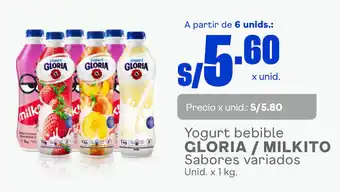 Plaza Vea Yogurt bebible GLORIA / MILKITO Sabores variados Unid. x 1 kg. oferta