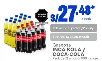 Plaza Vea Gaseosa INCA KOLA / COCA-COLA Pack de 12 unids. x 600 ml. c/u oferta