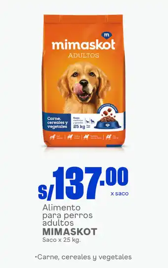 Plaza Vea Alimento para perros adultos MIMASKOT Saco x 25 kg. •Carne, cereales y vegetales oferta