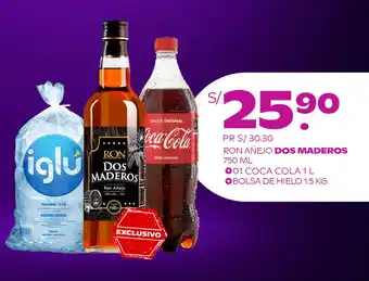 Tambo RON AÑEJO DOS MADEROS 750 ML + 01 COCA COLA 1 L +BOLSA DE HIELO 1.5 KG oferta