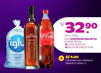 Tambo RON CARTAVIO SELECTO 5 AÑOS 750 ML + COCA COLA 1.5 L + BOLSA DE HIELO 1.5 KG oferta