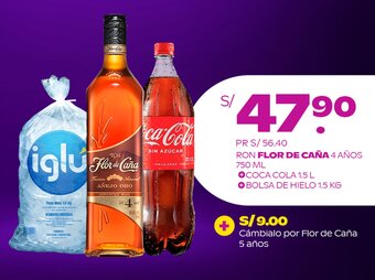 Tambo RON FLOR DE CAÑA 4 AÑOS 750 ML + COCA COLA 1.5 L + BOLSA DE HIELO 1.5 KG oferta