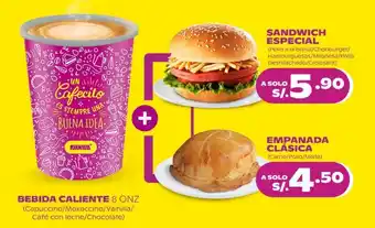 Tambo BEBIDA CALIENTE 8 ONZ (Capuccino/Mokaccino/Vainilla/ Café con leche/Chocolate) + SANDWICH ESPECIAL oferta