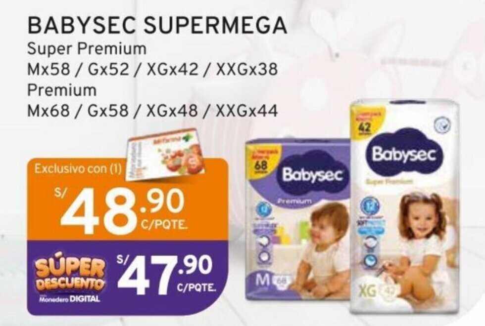 Mifarma BABYSEC SUPERMEGA Super Premium M x 58/ G x 52/ XG x 42 / XXG x 38 Premium M x 68 / G x 58 / XG x 48 / XXG x 44 oferta