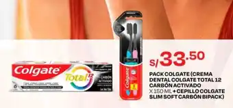 Wong PACK COLGATE (CREMA DENTAL COLGATE TOTAL 12 CARBÓN ACTIVADO X 150 ML + CEPILLO COLGATE SLIM SOFT CARBÓN BIPACK) oferta
