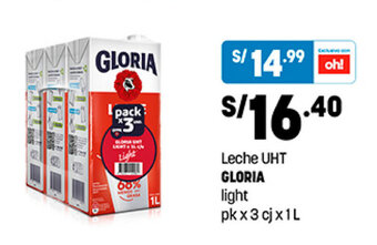 Plaza Vea Leche UHT GLORIA light pk x 3 cj x 1L oferta