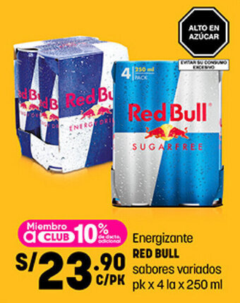 Plaza Vea Energizante RED BULL sabores variados pk x 4 la x 250 ml oferta