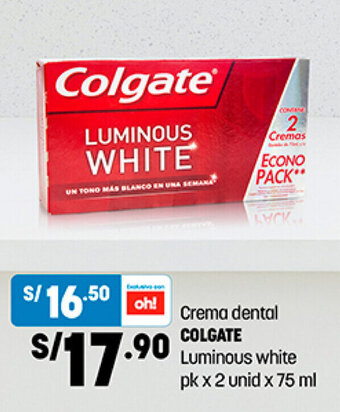 Plaza Vea Crema dental COLGATE Luminous white pk x 2 unid x 75 ml oferta