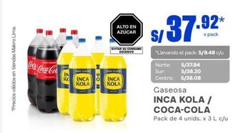 Makro Gaseosa INCA KOLA / COCA-COLA Pack de 4 unids. x 3 L c/u oferta