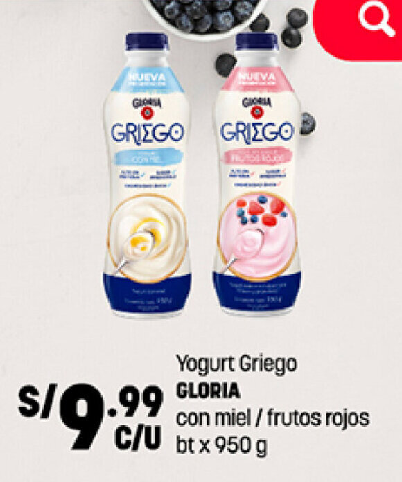 Yogurt Griego GLORIA con miel / frutos rojos bt x 950 g oferta en Plaza Vea