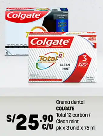 Plaza Vea Crema dental COLGATE Total 12 carbón / Clean mint pk x 3 unid x 75 ml oferta