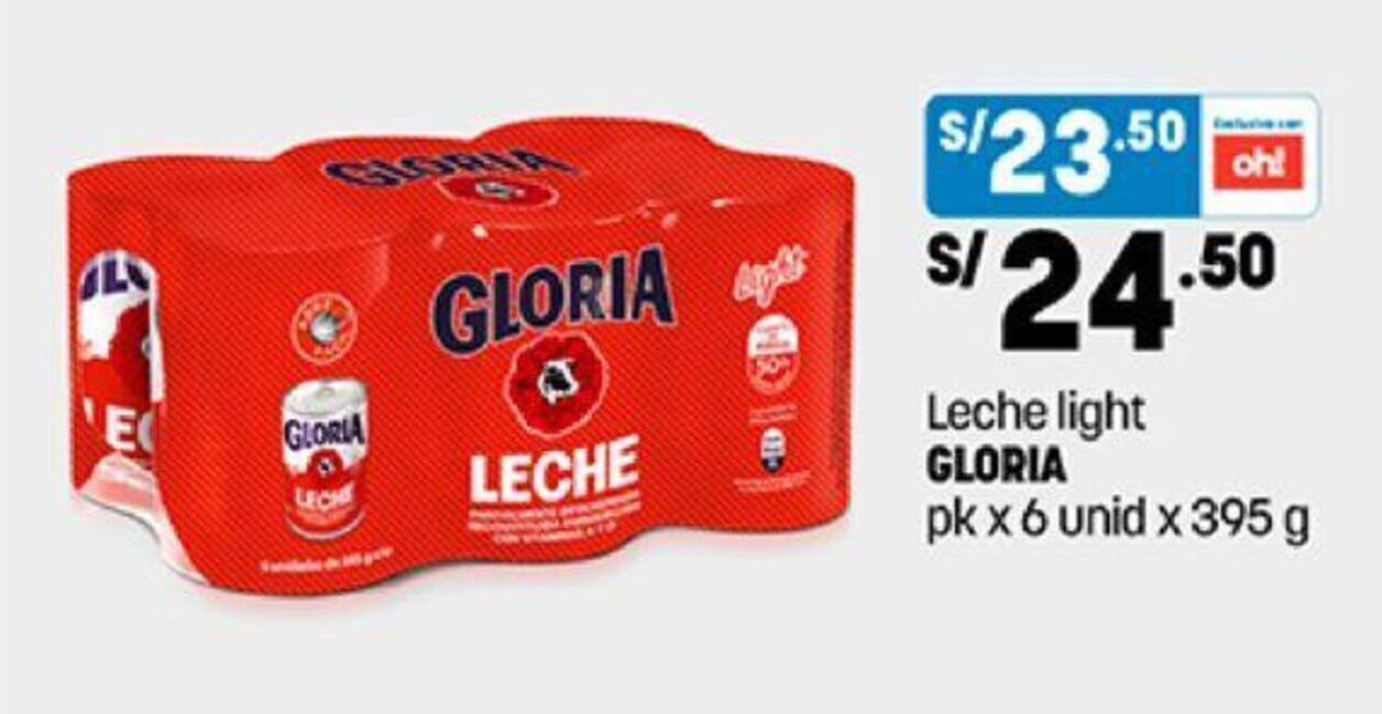 Plaza Vea Leche light GLORIA pk x 6 unid x 395 g oferta