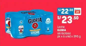 Plaza Vea Leche GLORIA sin lactosa pk x 6 unid x 395 g oferta