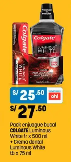 Plaza Vea Pack enjuague bucal COLGATE Luminous White fr x 500 ml + Crema dental Luminous White tb x 75 ml oferta