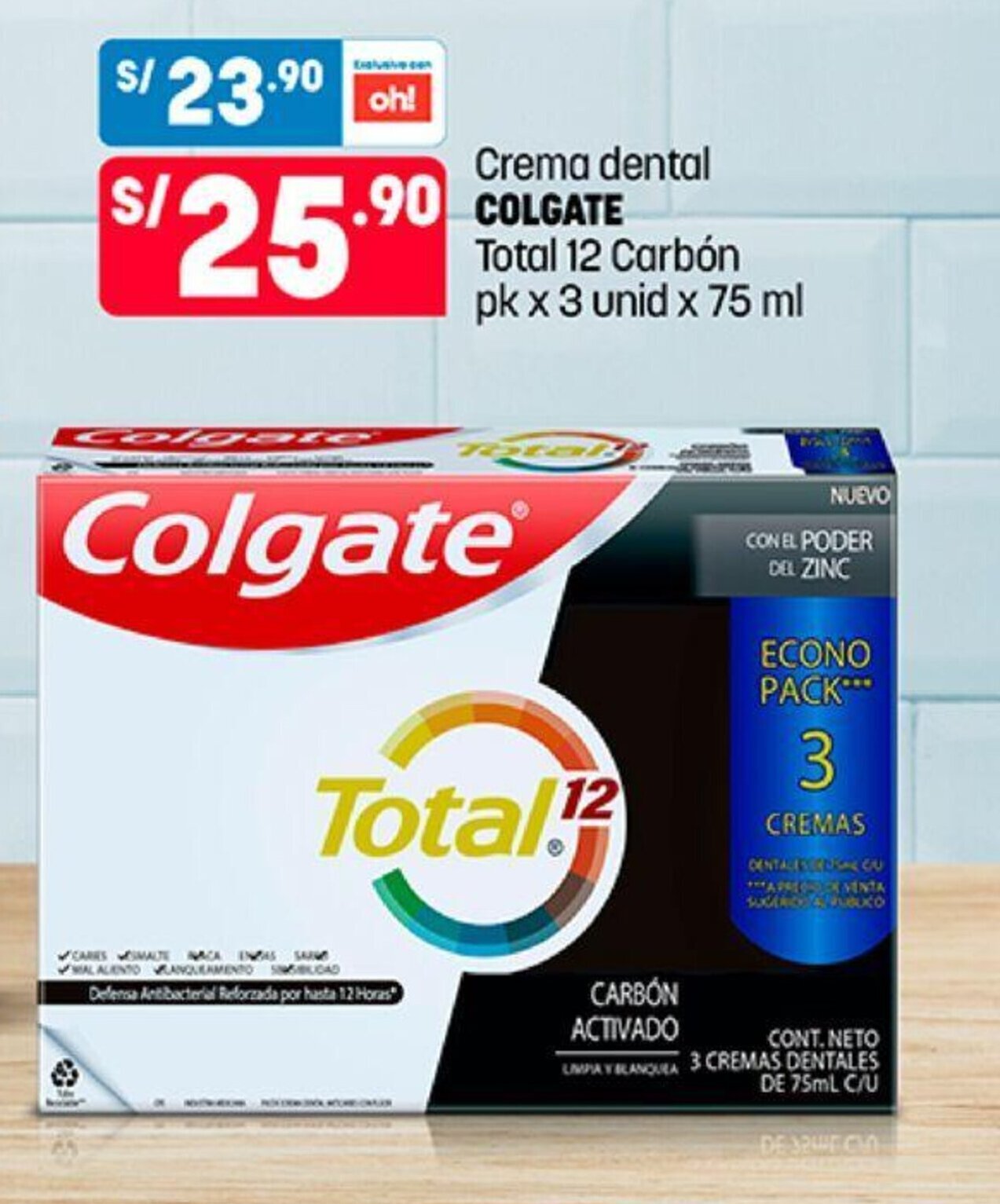Plaza Vea Crema dental COLGATE Total 12 Carbón pk x 3 unid x 75 ml oferta
