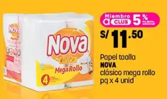 Plaza Vea Papel toalla NOVA clásico mega rollo pq x 4 unid oferta