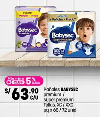 Plaza Vea Pañales BABYSEC premium / super premium Tallas: XG / XXG pq x 68 / 72 unid oferta