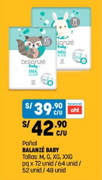 Plaza Vea Pañal BALANZE BABY Tallas: M, G, XG, XXG pq x 72 unid / 64 unid / 52 unid / 48 unid oferta