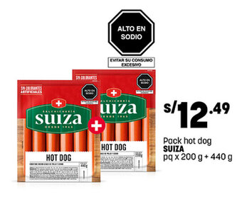 Plaza Vea Pack hot dog SUIZA pq x 200 g + 440 g oferta