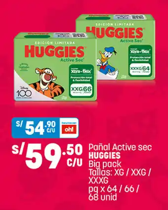Plaza Vea Pañal Active sec HUGGIES Big pack Tallas: XG / XXG / XXXG pq x 64 / 66 / 68 unid oferta