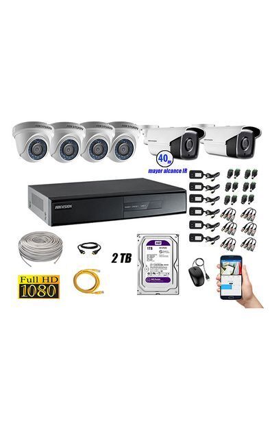 Tiendas EFE Kit hikvision 6 cámaras de seguridad it 3f full hd 1080p p2p con mayor alcance + disco 2tb oferta