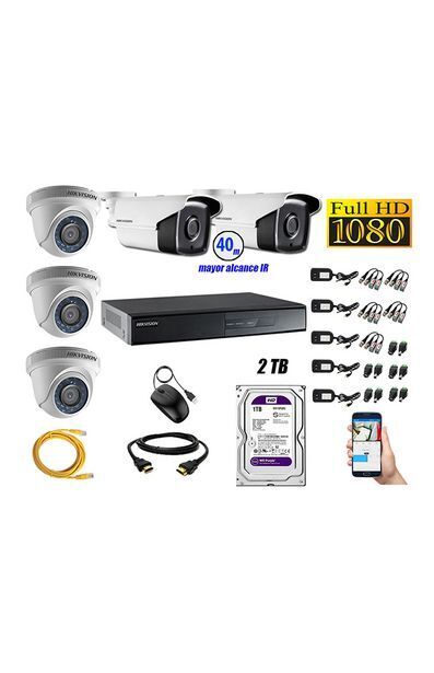 Tiendas EFE Kit hikvision 5 cámaras de seguridad it 3f full hd 1080p p2p con mayor alcance + disco 2tb oferta