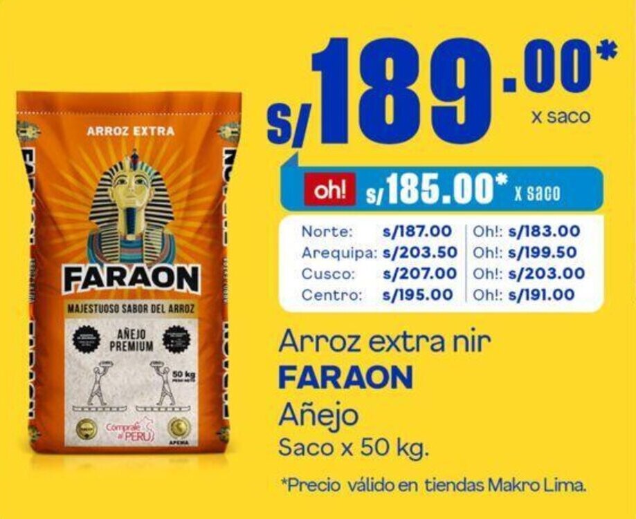 Makro Arroz extra nir FARAON Añejo Saco x 50 kg. oferta