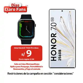 Claro 70 5g 256gb cp + mi speaker + smartwatch honor g35 + portabilidad + postpago + plan max ilimitado 69.90 p oferta