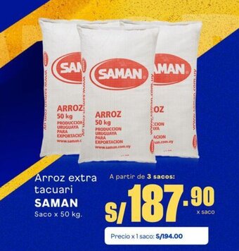 Makro Arroz extra tacuari SAMAN Saco x 50 kg. oferta