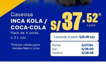 Makro Gaseosa INCA KOLA / COCA-COLA Pack de 4 unids. x 3 L c/u oferta