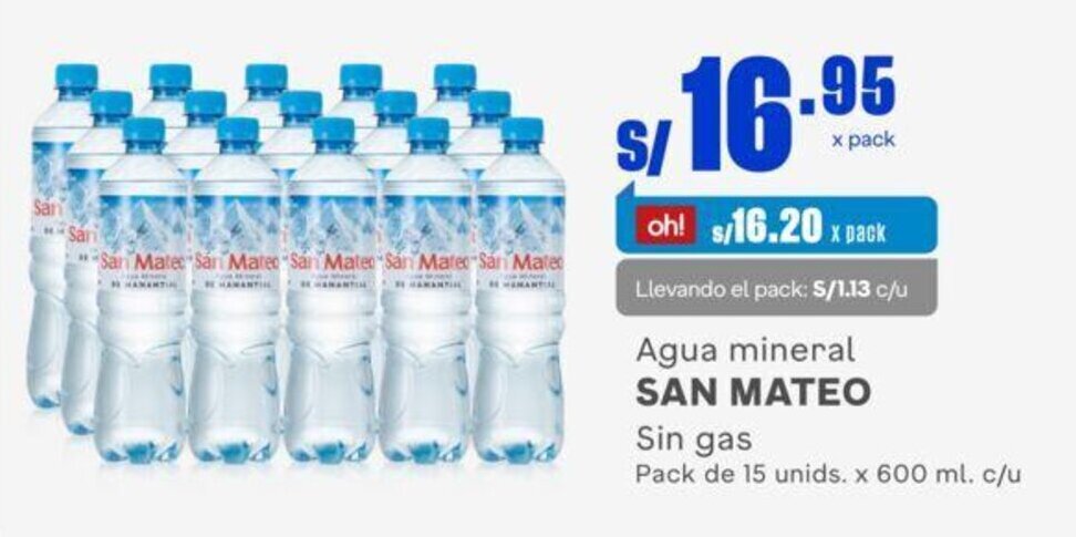 Makro Agua mineral SAN MATEO Sin gas Pack de 15 unids. x 600 ml. c/u oferta