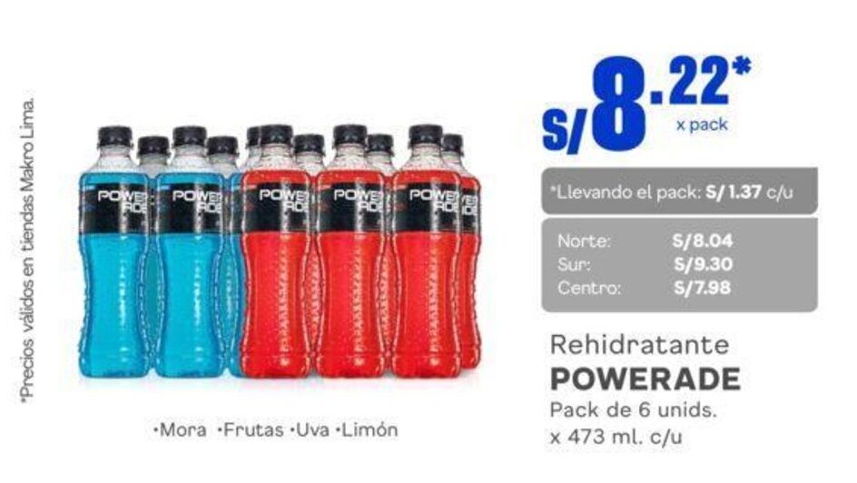 Makro Rehidratante POWERADE Pack de 6 unids. x 473 ml. c/u oferta
