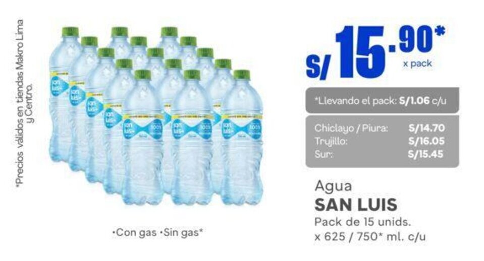Makro Agua SAN LUIS Pack de 15 unids. x 625 / 750 ml. oferta