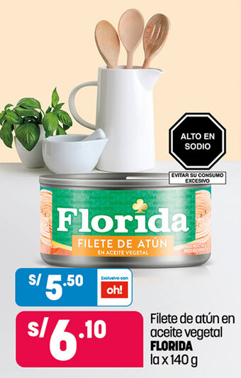 Plaza Vea Filete de atún en aceite vegetal FLORIDA la x 140 g oferta