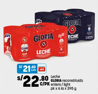 Plaza Vea Leche GLORIA reconstituida entera / light pk x 6 la x 395 g oferta