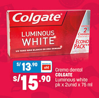 Plaza Vea Crema dental COLGATE Luminous white pk x 2 unid x 75 ml oferta